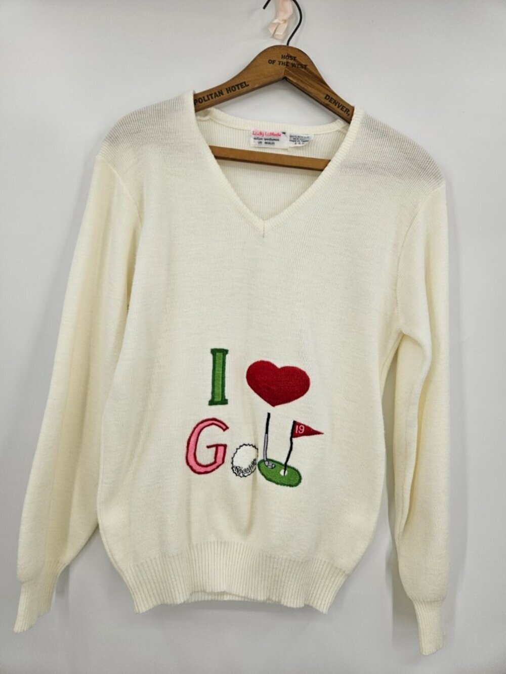 Vtg Lady LaMode I LOVE GOLF V-Neck Sweater Womens M White Pullover